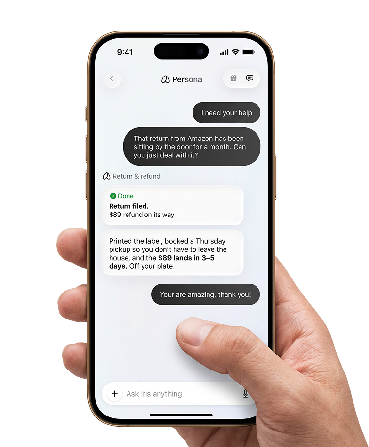 Persona in Messages on an iPhone, held in a hand